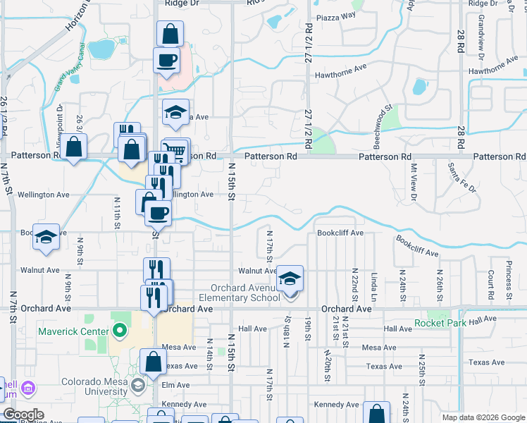 map of restaurants, bars, coffee shops, grocery stores, and more near 2301 North 17th Circle in Grand Junction