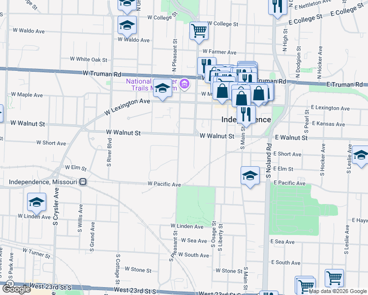 map of restaurants, bars, coffee shops, grocery stores, and more near 500 South Spring Street in Independence