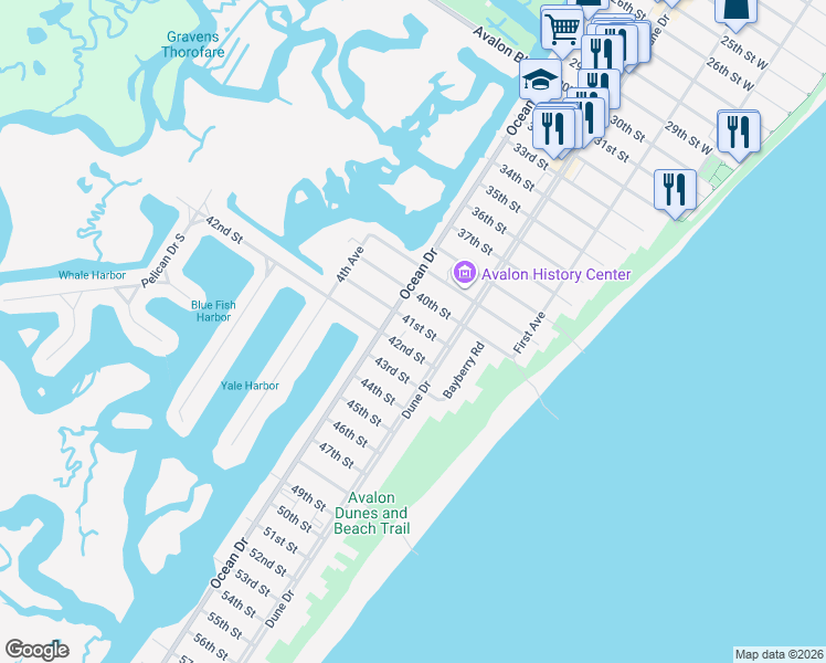 map of restaurants, bars, coffee shops, grocery stores, and more near 211 42nd Street in Avalon