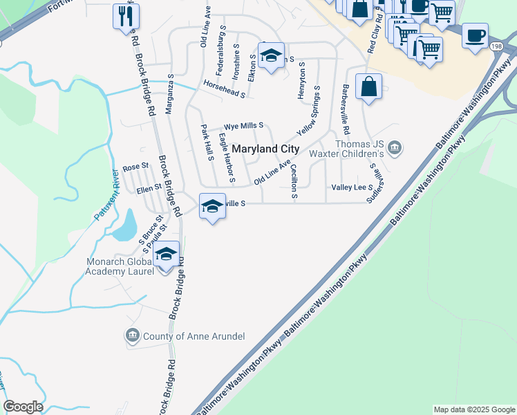 map of restaurants, bars, coffee shops, grocery stores, and more near 3373 Sudlersville South in Laurel