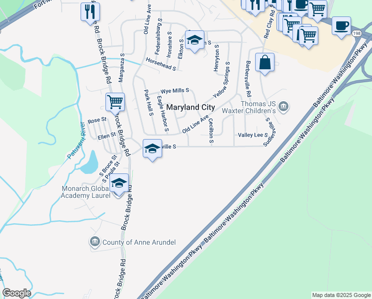 map of restaurants, bars, coffee shops, grocery stores, and more near 3373 Sudlersville South in Laurel