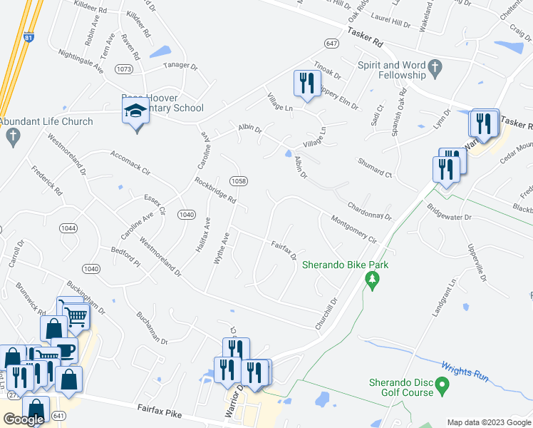 map of restaurants, bars, coffee shops, grocery stores, and more near 309 Montgomery Circle in Stephens City