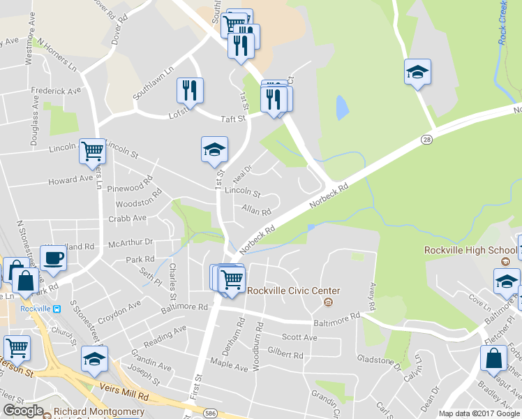 map of restaurants, bars, coffee shops, grocery stores, and more near 910 Allan Road in Rockville