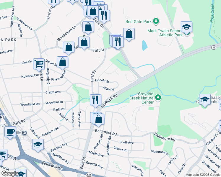map of restaurants, bars, coffee shops, grocery stores, and more near 910 Allan Road in Rockville