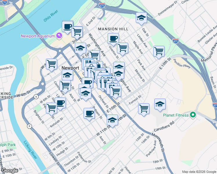 map of restaurants, bars, coffee shops, grocery stores, and more near 802 Saratoga Street in Newport