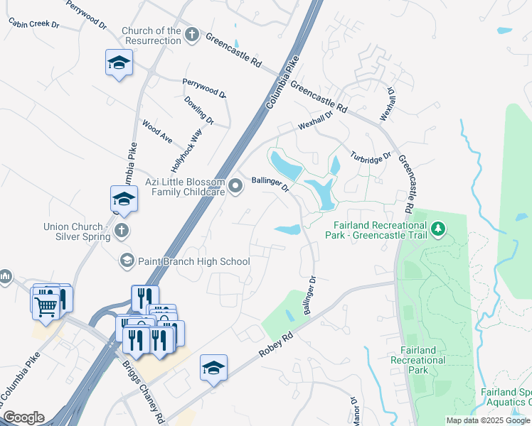 map of restaurants, bars, coffee shops, grocery stores, and more near 3511 Castle Way in Silver Spring