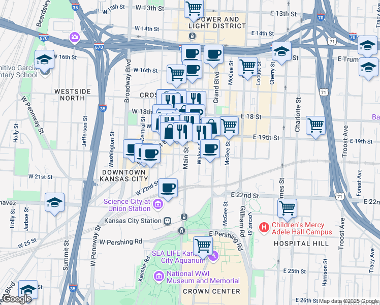 map of restaurants, bars, coffee shops, grocery stores, and more near 1989 Main Street in Kansas City