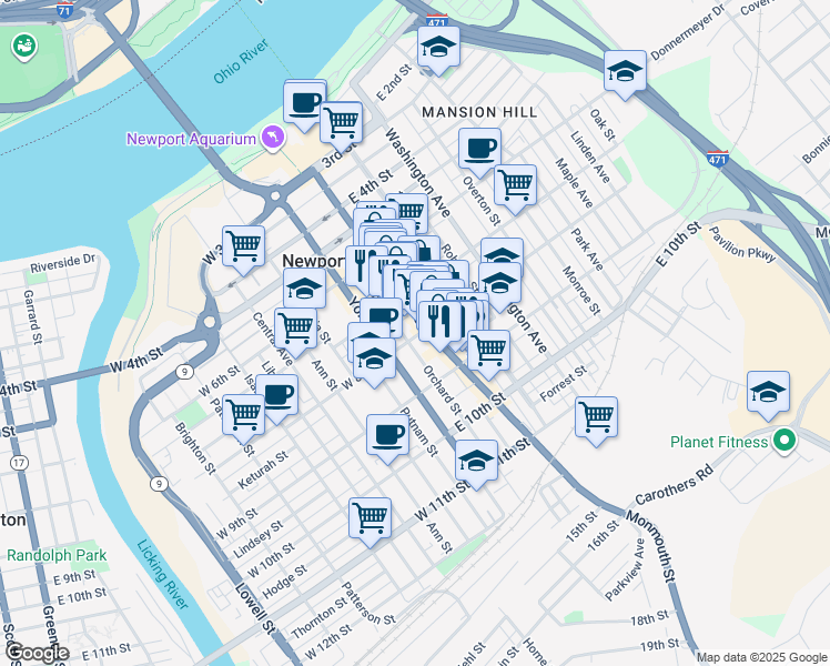 map of restaurants, bars, coffee shops, grocery stores, and more near 717 Monmouth Street in Newport
