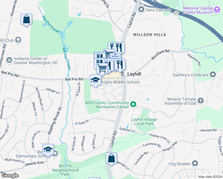 map of restaurants, bars, coffee shops, grocery stores, and more near 14206 Plum Run Way in Silver Spring
