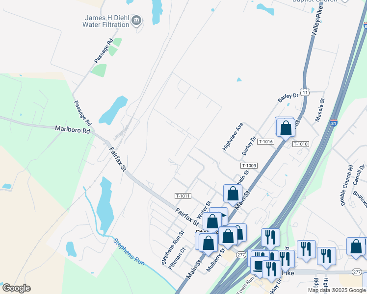 map of restaurants, bars, coffee shops, grocery stores, and more near 135 Brompton Court in Stephens City