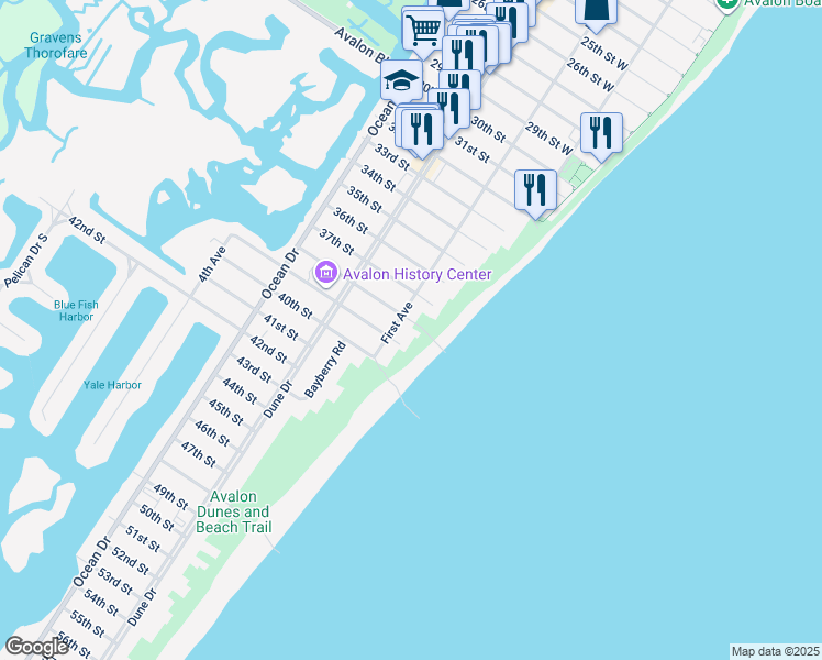 map of restaurants, bars, coffee shops, grocery stores, and more near 74 38th Street in Avalon