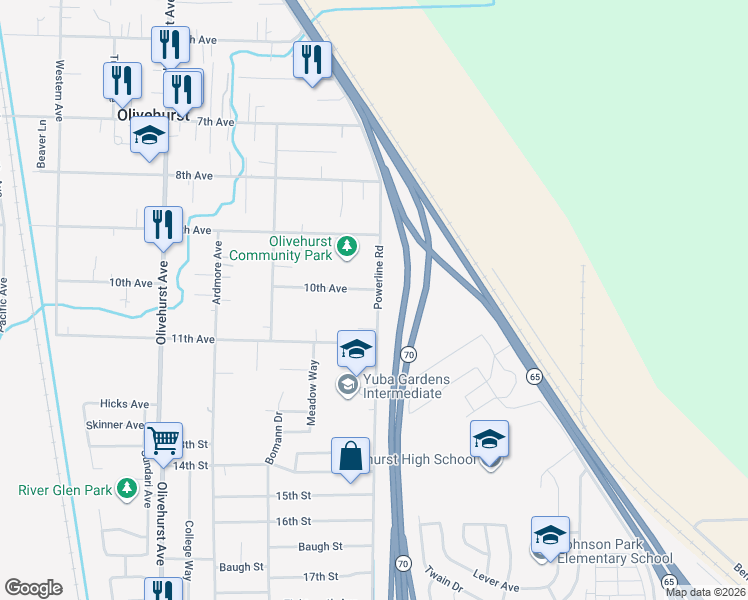 map of restaurants, bars, coffee shops, grocery stores, and more near 1992 10th Avenue in Olivehurst