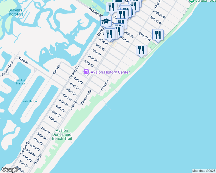 map of restaurants, bars, coffee shops, grocery stores, and more near 74 38th Street in Avalon
