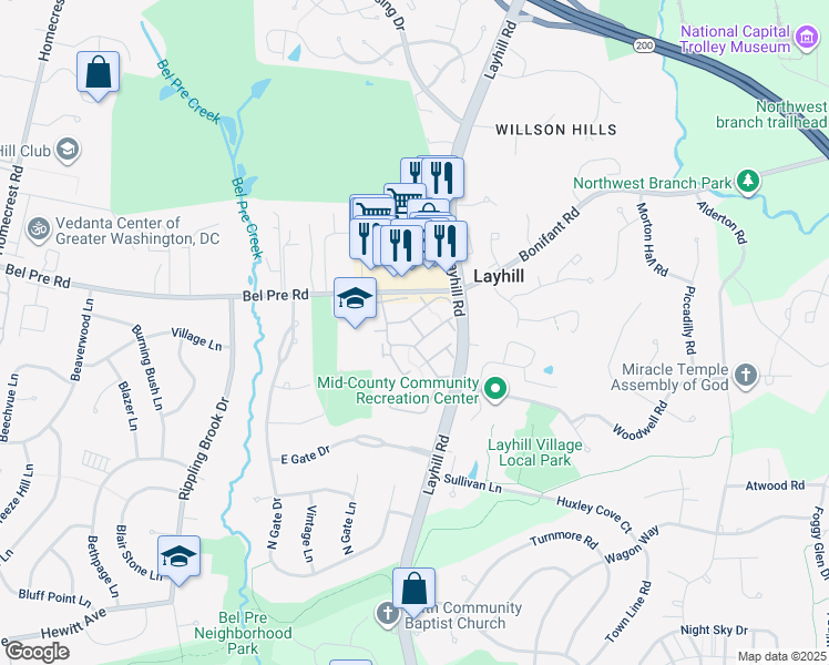 map of restaurants, bars, coffee shops, grocery stores, and more near 14206 Plum Run Way in Silver Spring