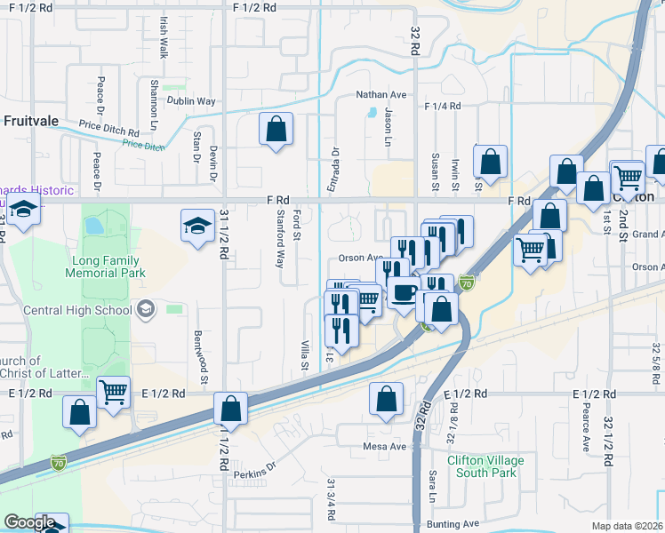 map of restaurants, bars, coffee shops, grocery stores, and more near 581 1/2 West Conestoga Circle in Grand Junction
