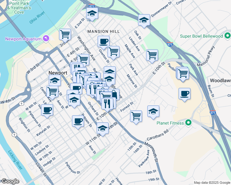 map of restaurants, bars, coffee shops, grocery stores, and more near 311 East 9th Street in Newport