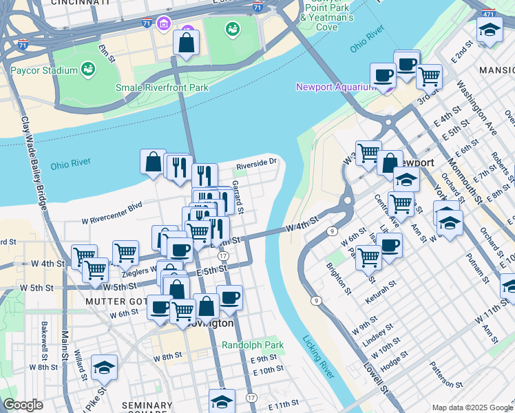 map of restaurants, bars, coffee shops, grocery stores, and more near 323 East 2nd Street in Covington