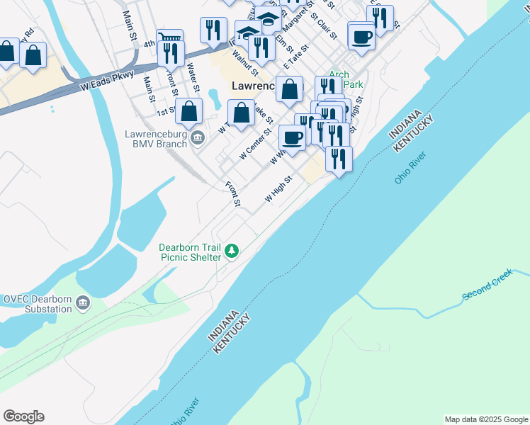 map of restaurants, bars, coffee shops, grocery stores, and more near 310 West High Street in Lawrenceburg
