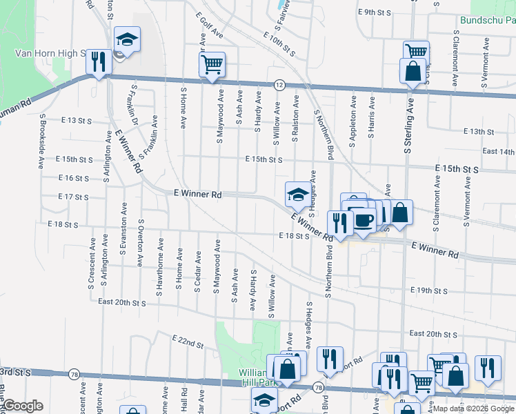 map of restaurants, bars, coffee shops, grocery stores, and more near 1531 South Hardy Avenue in Independence