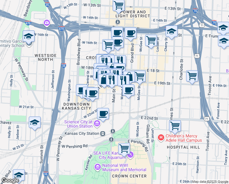 map of restaurants, bars, coffee shops, grocery stores, and more near 1908 Main Street in Kansas City