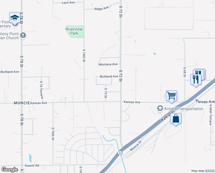 map of restaurants, bars, coffee shops, grocery stores, and more near 410 South 72nd Terrace in Kansas City