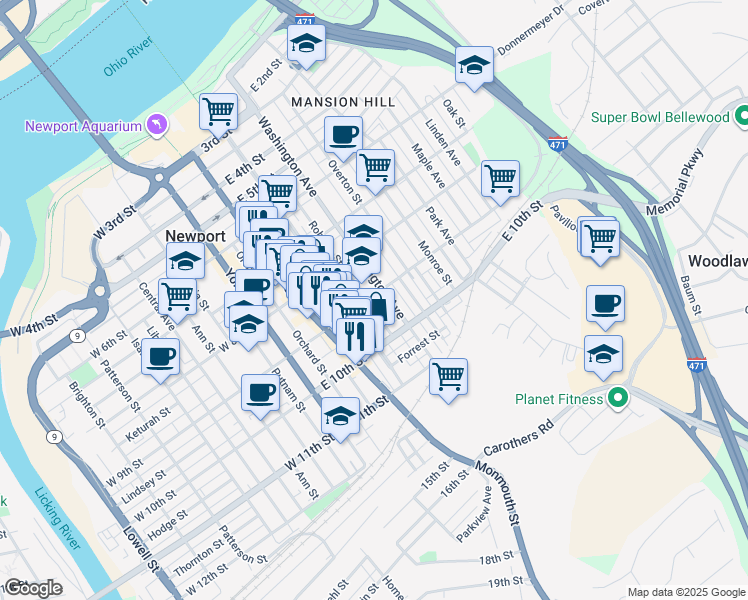 map of restaurants, bars, coffee shops, grocery stores, and more near 311 East 9th Street in Newport
