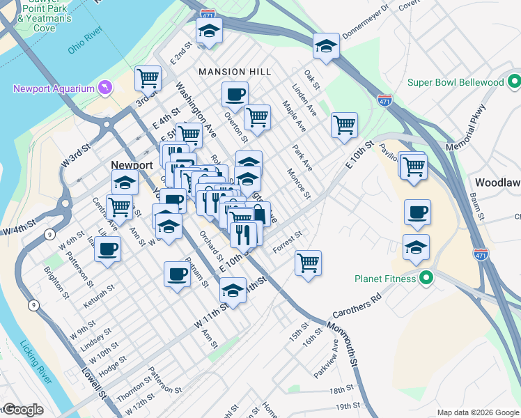 map of restaurants, bars, coffee shops, grocery stores, and more near 906 Washington Avenue in Newport