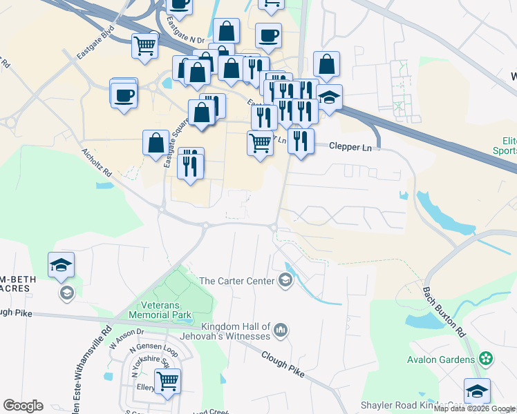 map of restaurants, bars, coffee shops, grocery stores, and more near 4345 Glen Este-Withamsville Road in Cincinnati