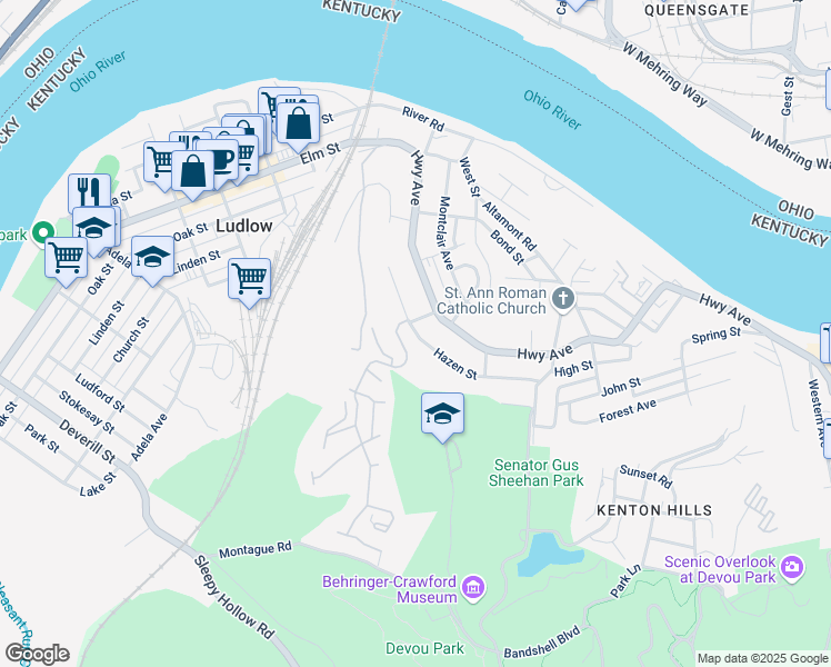 map of restaurants, bars, coffee shops, grocery stores, and more near Hazen Street in Covington