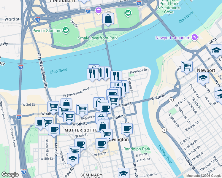 map of restaurants, bars, coffee shops, grocery stores, and more near 100 East Rivercenter Boulevard in Covington