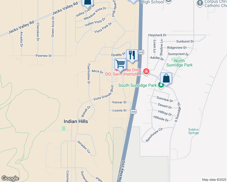 map of restaurants, bars, coffee shops, grocery stores, and more near 3476 Indian Drive in Carson City