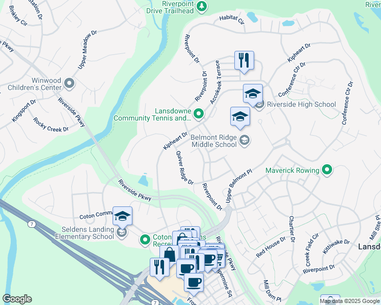 map of restaurants, bars, coffee shops, grocery stores, and more near 43513 Stargell Terrace in Leesburg