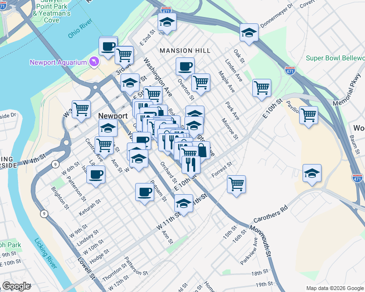 map of restaurants, bars, coffee shops, grocery stores, and more near 825 Roberts Street in Newport