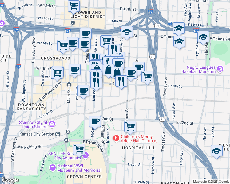 map of restaurants, bars, coffee shops, grocery stores, and more near 1901 Locust Street in Kansas City