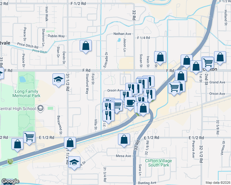 map of restaurants, bars, coffee shops, grocery stores, and more near 586 Plainview Drive in Grand Junction