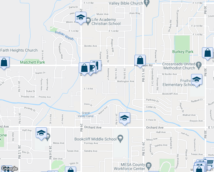 map of restaurants, bars, coffee shops, grocery stores, and more near 589 Redwing Lane in Grand Junction