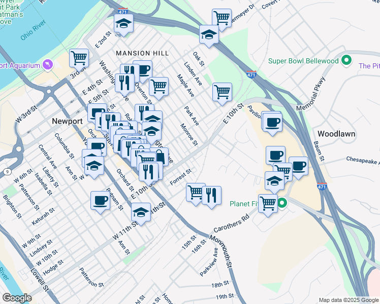 map of restaurants, bars, coffee shops, grocery stores, and more near 917 Boone Street in Newport