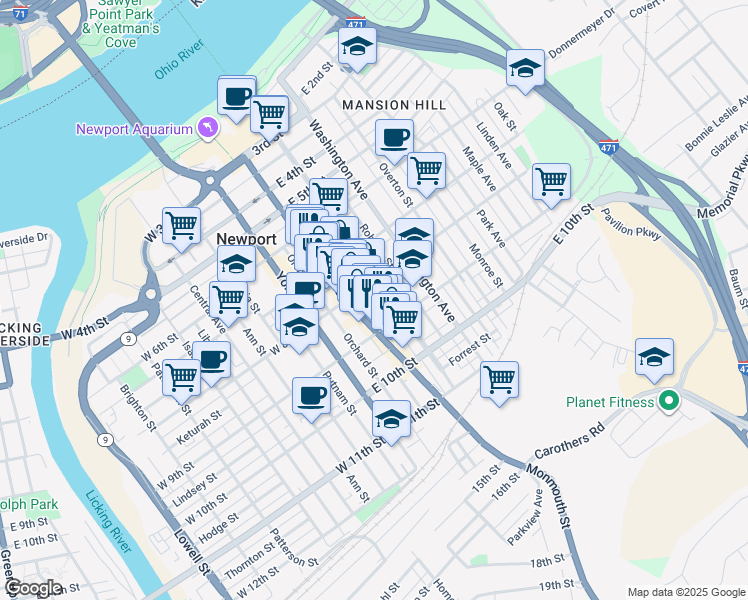 map of restaurants, bars, coffee shops, grocery stores, and more near 802 Saratoga Street in Newport