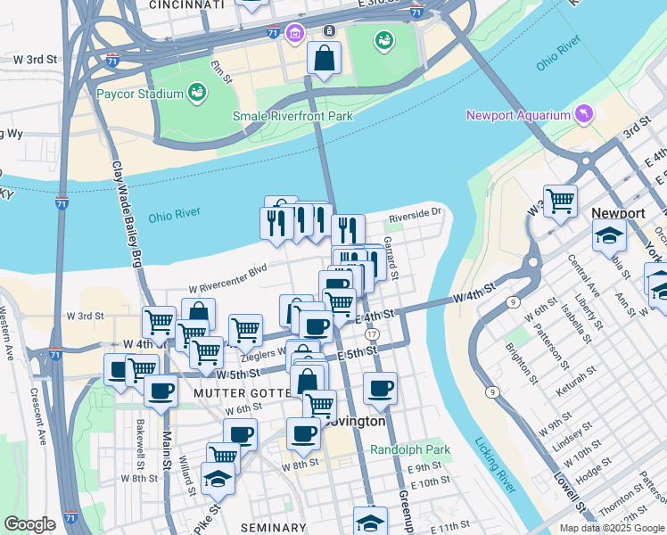 map of restaurants, bars, coffee shops, grocery stores, and more near 100 East Rivercenter Boulevard in Covington