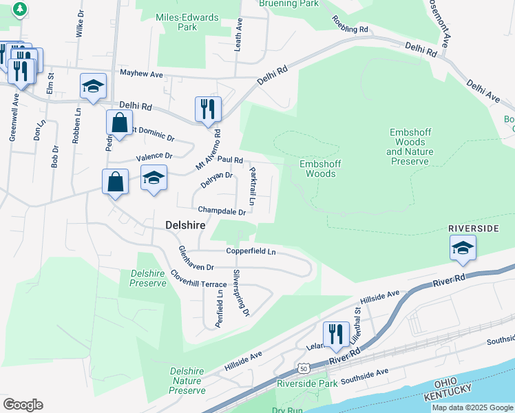 map of restaurants, bars, coffee shops, grocery stores, and more near 313 Parktrail Lane in Cincinnati