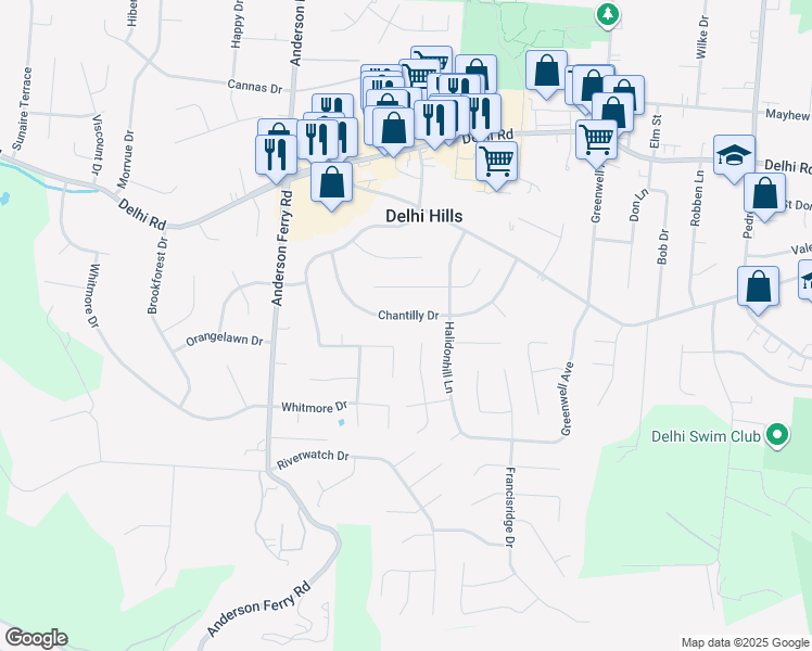 map of restaurants, bars, coffee shops, grocery stores, and more near 5104 Chantilly Drive in Cincinnati