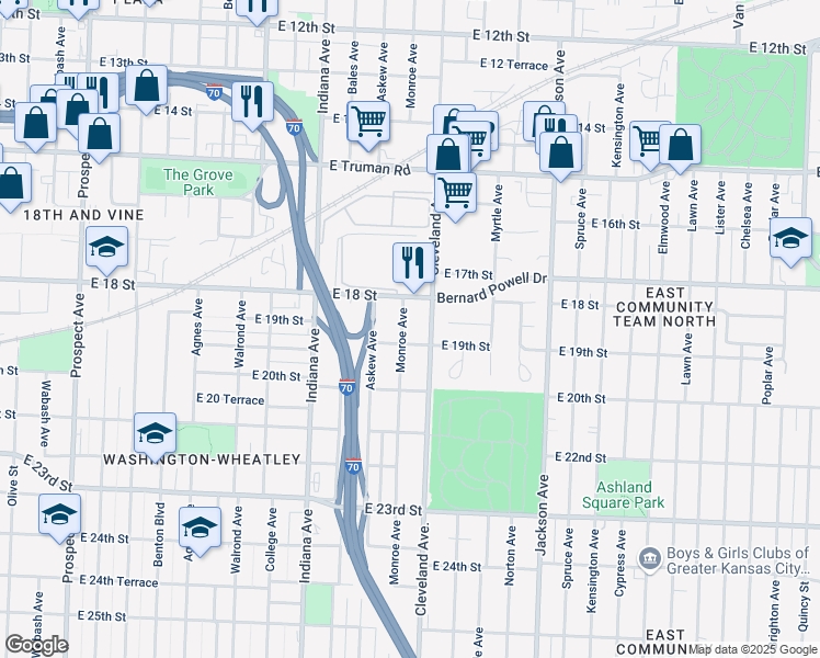 map of restaurants, bars, coffee shops, grocery stores, and more near 1813 Monroe Avenue in Kansas City