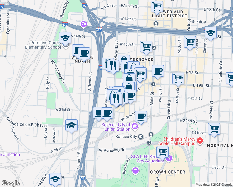 map of restaurants, bars, coffee shops, grocery stores, and more near 1943 Broadway Boulevard in Kansas City