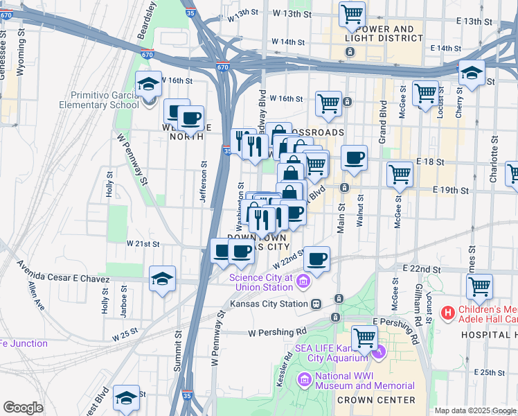 map of restaurants, bars, coffee shops, grocery stores, and more near 1943 Broadway Boulevard in Kansas City