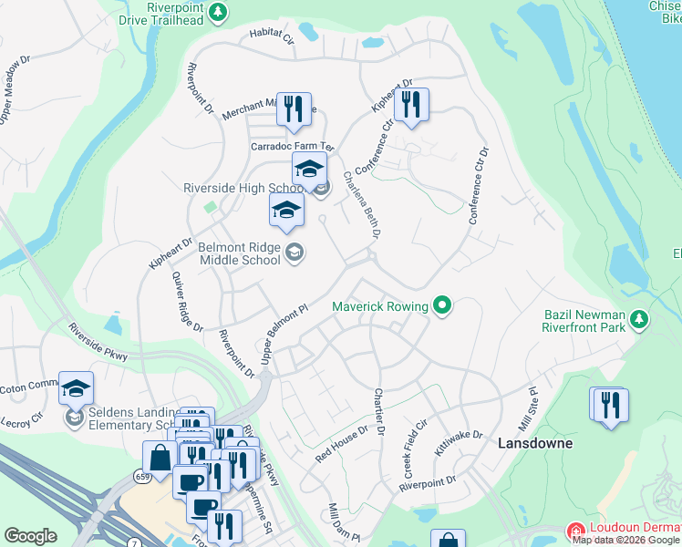 map of restaurants, bars, coffee shops, grocery stores, and more near 19045 Upper Belmont Place in Leesburg