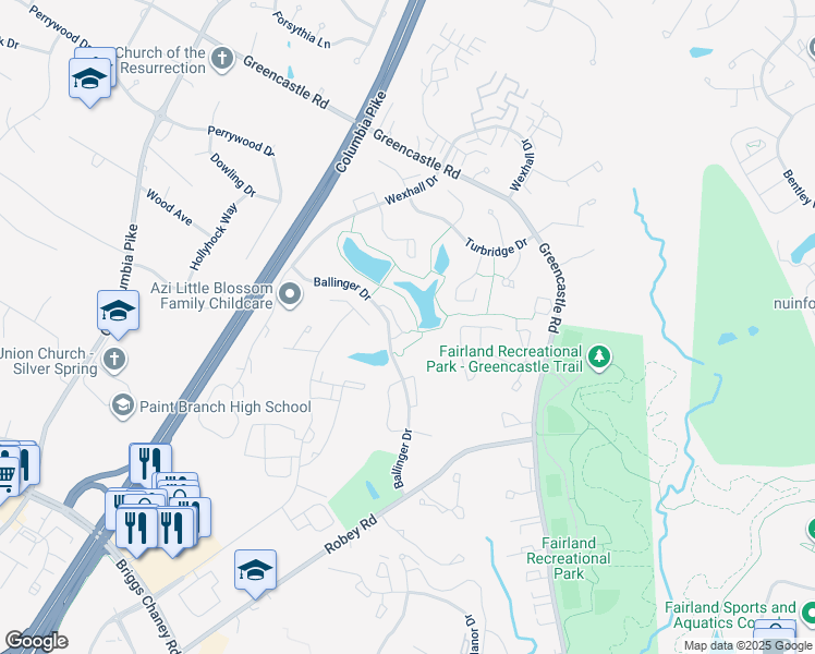 map of restaurants, bars, coffee shops, grocery stores, and more near 14227 Ballinger Terrace in Burtonsville