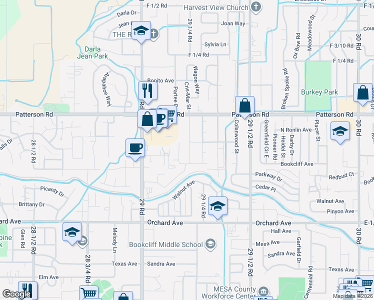 map of restaurants, bars, coffee shops, grocery stores, and more near 589 Redwing Lane in Grand Junction