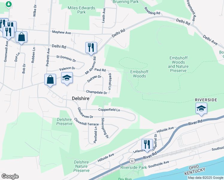 map of restaurants, bars, coffee shops, grocery stores, and more near 313 Parktrail Lane in Cincinnati