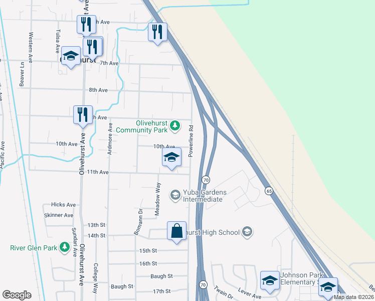 map of restaurants, bars, coffee shops, grocery stores, and more near 1992 10th Avenue in Olivehurst