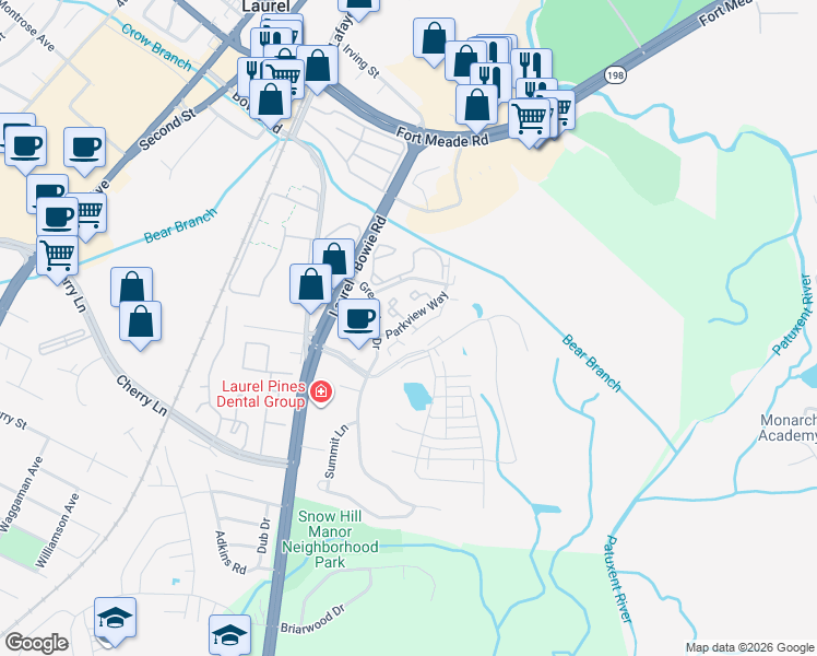 map of restaurants, bars, coffee shops, grocery stores, and more near 9408 Trevino Terrace in Laurel